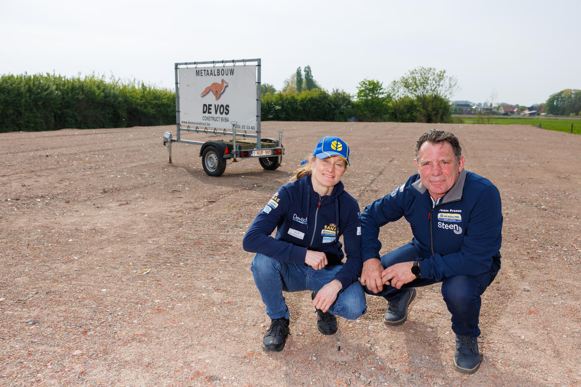 Belgian Delfine Persoon and coach Filiep Tampere pictured at the place where the new boxing hall will be built after a press conference of boxer Persoon, in Gits, Thursday 28 April 2022. Persoon will be fighting in Dubai in May. She is also presenting a new training hall for the 'Boxing Team Houtland'. BELGA PHOTO KURT DESPLENTER