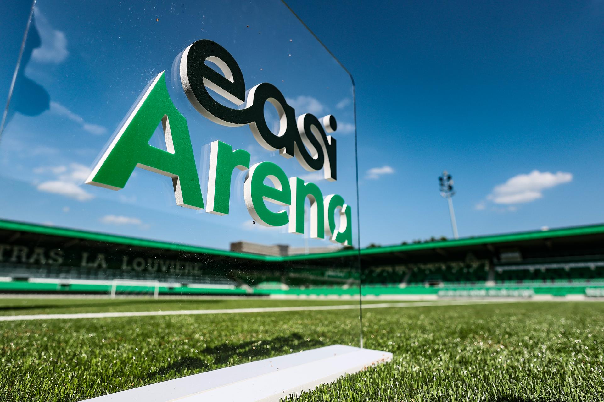 The logo of the Easi Arena stadium ahead of a press conference of Belgian soccer team RAAL La Louviere, Wednesday 18 June 2025 in La Louviere, in preparation of the upcoming 2025-2026 first division season. BELGA PHOTO BRUNO FAHY