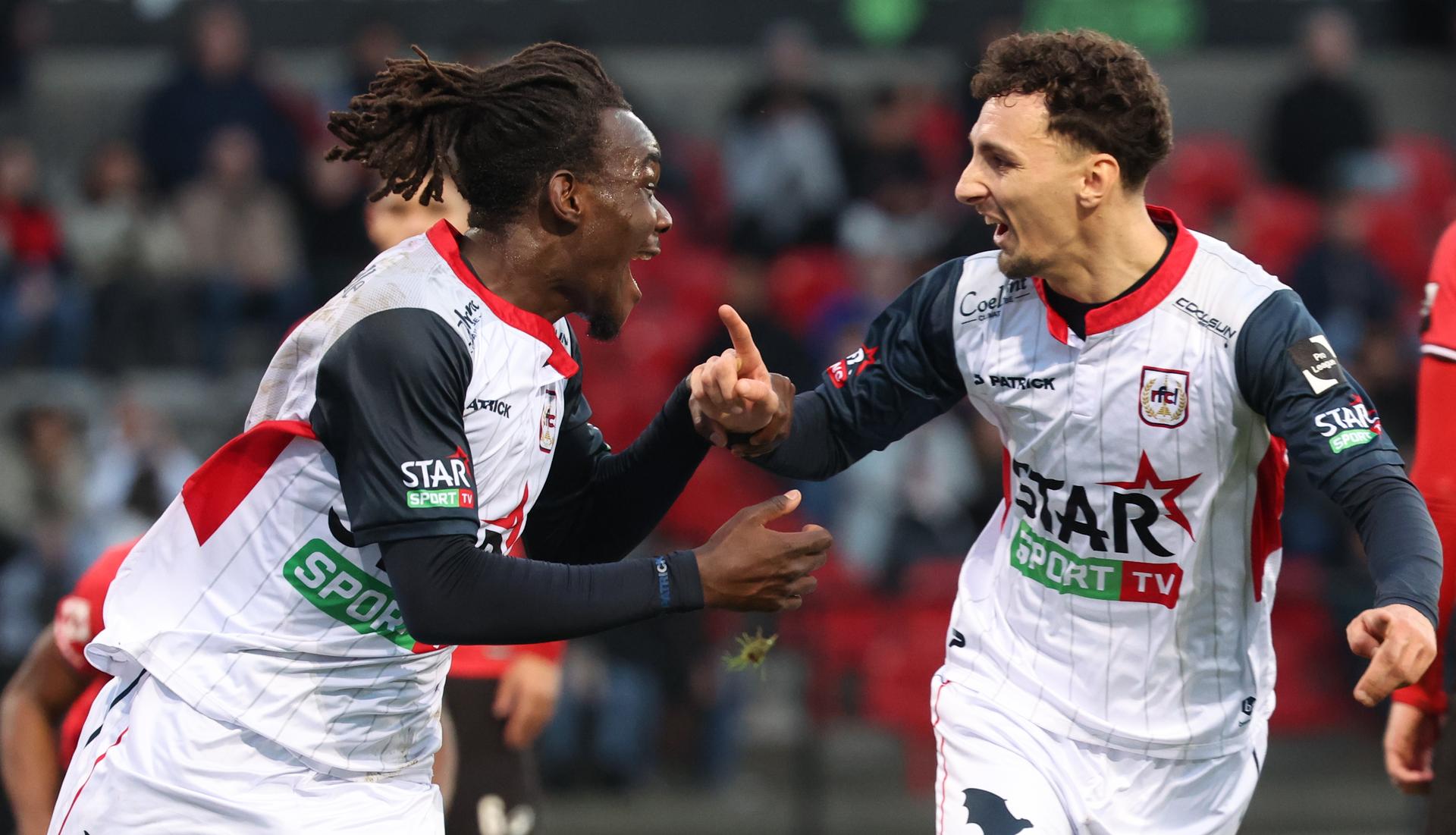 Liege's Frederic Soelle Soelle celebrates after scoring during a soccer game between RWDM Brussels and RFC Liege, Sunday 21 December 2025 in Brussels, on day 19 of the 2025-2026 'Challenger Pro League' 1B second division of the Belgian championship. BELGA PHOTO VIRGINIE LEFOUR