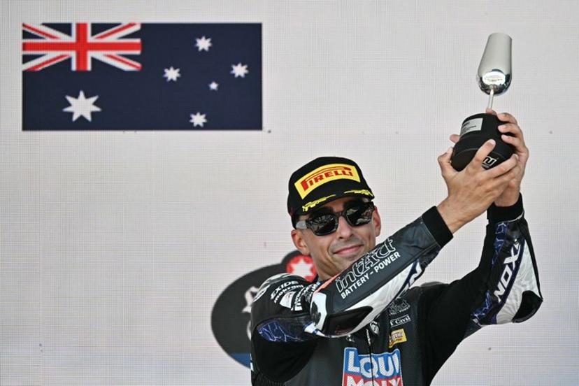 Third placed Liqui Moly Dynavolt Intact GP's Australian rider Senna Agius celebrates on the podium after the Spanish Moto2 Grand Prix at the Jerez racetrack in Jerez de la Frontera, on April 27, 2025.  JAVIER SORIANO / AFP