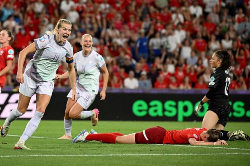Norway's forward #14 Ada Hegerberg reacts after scoring the team's first goal during the UEFA Women's Euro 2025 Group A football match between Switzerland and Norway at the St Jakob-Park Stadium in Basel on July 2, 2025.  SEBASTIEN BOZON / AFP
