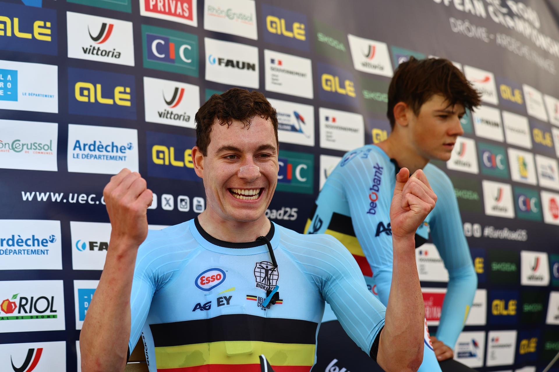 Belgian Jonathan Vervenne celebrates after winning, before Belgian Matisse Van Kerckhove (R) the 24 km time trial of the men U23 category at the UEC road European cycling championships, Wednesday 01 October 2025, in Loriol-sur-Drome, France. The European cycling championships Drome-Ardeche takes place from 1 to 5 October, France. BELGA PHOTO DAVID PINTENS