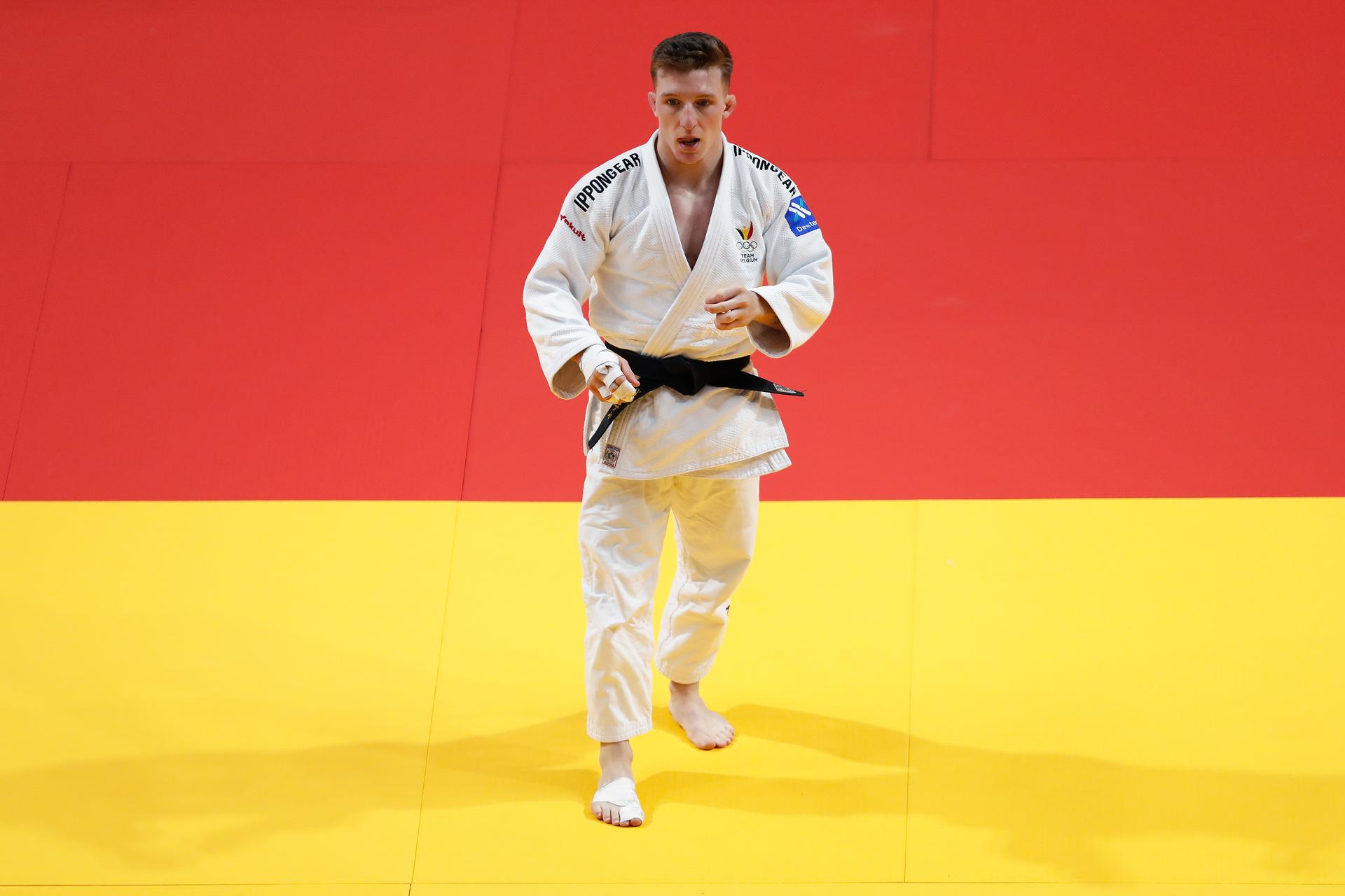 Belgian Jorre Verstraeten (white gi) and Armenian Ashik (not pictured) during their bout in the men's -60kg category, at the European Championships judo in Podgorica, Montenegro, on Wednesday 23 April 2025. The tournament is taking place from 23 tot 27 April 2025. BELGA PHOTO NIKOLA KRISTC