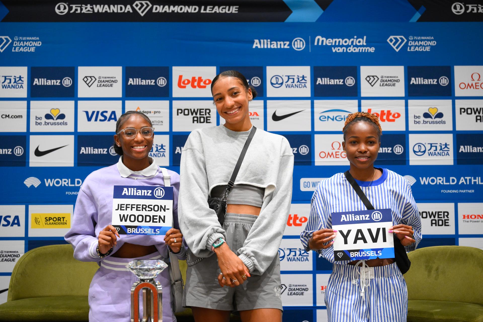 US Melissa Jefferson, Belgian athlete Nafissatou 'Nafi' Thiam and Bahraini Winfred Mutile Yavi pose for the photographer during a press conference on the 49th edition of the Memorial Van Damme athletics event in Brussels, Thursday 21 August 2025. The 2025 Allianz Memorial Van Damme Diamond League meeting takes place on 22 Augustus 2025. BELGA PHOTO JOHN THYS