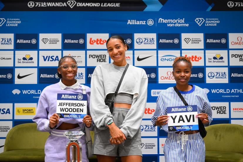 US Melissa Jefferson, Belgian athlete Nafissatou 'Nafi' Thiam and Bahraini Winfred Mutile Yavi pose for the photographer during a press conference on the 49th edition of the Memorial Van Damme athletics event in Brussels, Thursday 21 August 2025. The 2025 Allianz Memorial Van Damme Diamond League meeting takes place on 22 Augustus 2025. BELGA PHOTO JOHN THYS