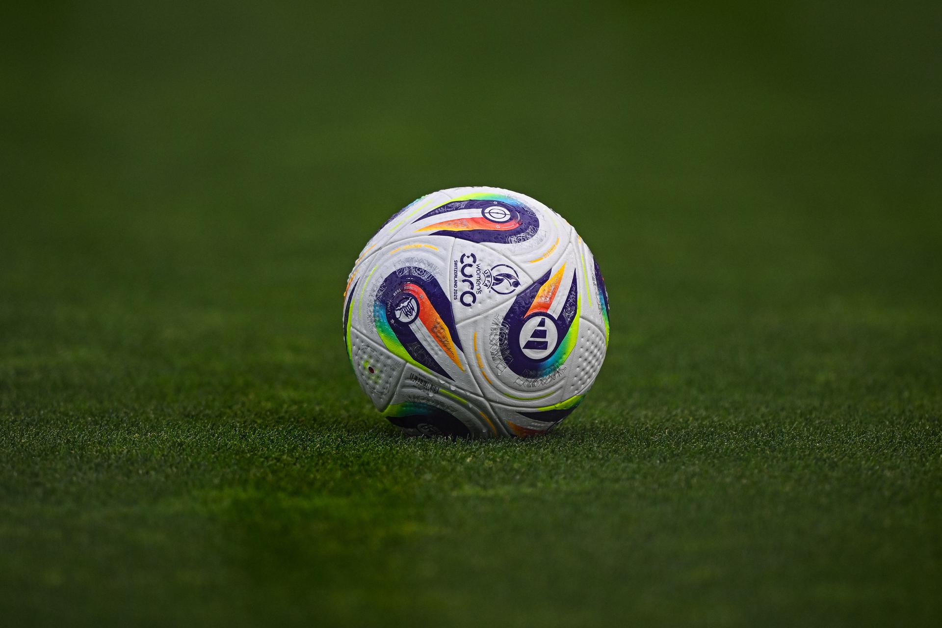 Illustration picture of the official match ball prior to the women's UEFA Euro 2025 match between Belgium and Italy at Stade de Tourbillon on July 3, 2025 in Sion, Switzerland. (Photo by Baptiste Fernandez/Icon Sport) BENELUX ONLY