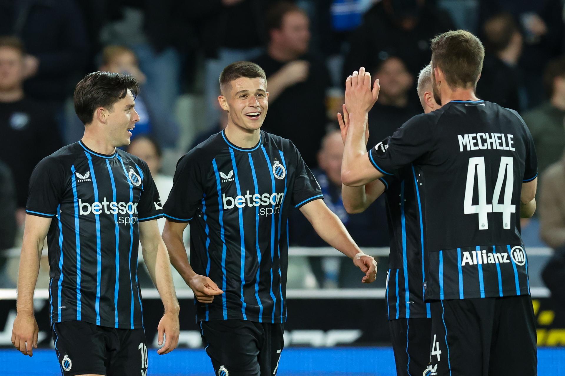 Club's Nicolo Tresoldi celebrates after scoring during a soccer match between Club Brugge and KV Mechelen, Wednesday 22 April 2026 in Brugge, on day four of the Champion's Play-off of the 2025-2026 'Jupiler Pro League' first division of the Belgian championship. BELGA PHOTO BRUNO FAHY