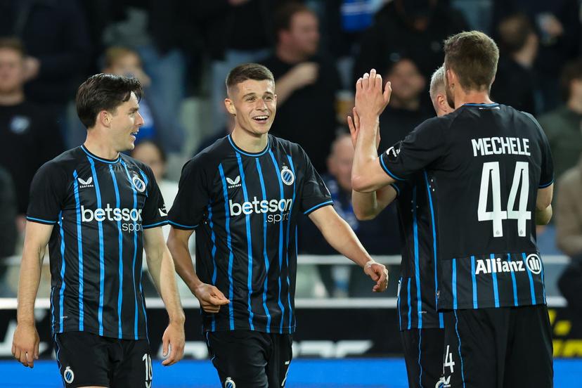 Club's Nicolo Tresoldi celebrates after scoring during a soccer match between Club Brugge and KV Mechelen, Wednesday 22 April 2026 in Brugge, on day four of the Champion's Play-off of the 2025-2026 'Jupiler Pro League' first division of the Belgian championship. BELGA PHOTO BRUNO FAHY