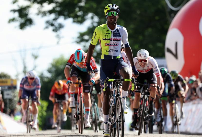 Eritrean Biniam Girmay Hailu of Intermarche-Wanty celebrates after winning the Circuit Franco-Belge cycling race, 190,6 km from Tournai to Mont-de-l'Enclus, stage 6 (out of 9) of the Lotto Cycling Cup, Wednesday 29 May 2024. BELGA PHOTO VIRGINIE LEFOUR