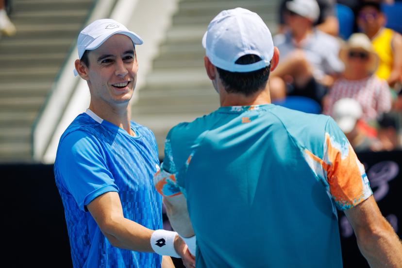 Belgian Joran Vliegen (blue) and Australia's Matthew Ebden pictured during a doubles tennis match between Belgian-Australian pair Vliegen-Ebden and American pair Krajicek-Ram, in the first round of the men's doubles at the 'Australian Open' Grand Slam tennis tournament, Friday 17 January 2025 in Melbourne Park, Melbourne, Australia. The 2025 edition of the Australian Grand Slam takes place from January 12th to January 26th. BELGA PHOTO PATRICK HAMILTON BELGIUM ONLY
