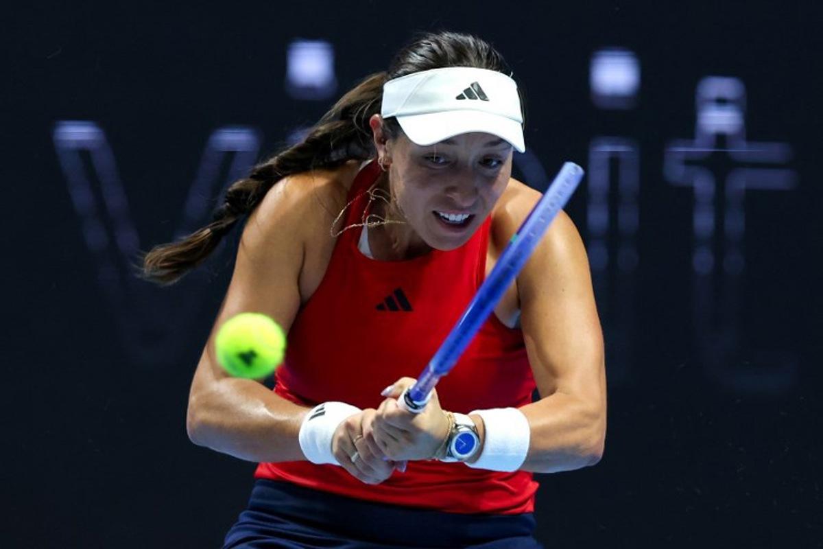 USA's Jessica Pegula hits a return against Kazakhstan's Elena Rybakina during their women's singles tennis match at the Billie Jean King Cup quarter-finals in Shenzhen, China's southern Guangdong province on September 18, 2025.  AFP