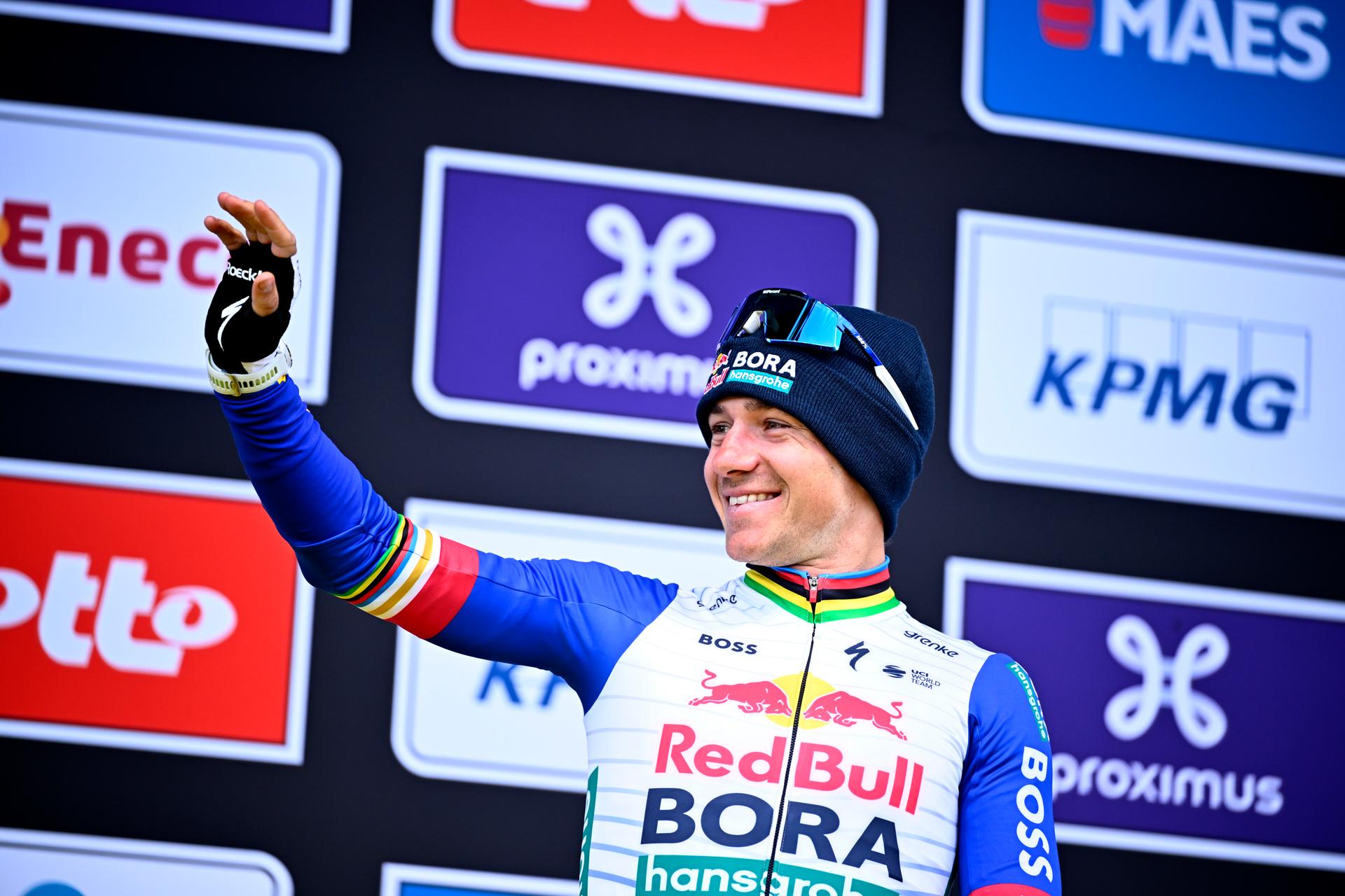 Third Belgian Remco Evenepoel of Red Bull-BORA-hansgrohe celebrates on the podium of the men's race of the 'Ronde van Vlaanderen/ Tour des Flandres/ Tour of Flanders' UCI WorldTour one day cycling race, 278 km from Antwerp to Oudenaarde, Sunday 05 April 2026. BELGA PHOTO JASPER JACOBS