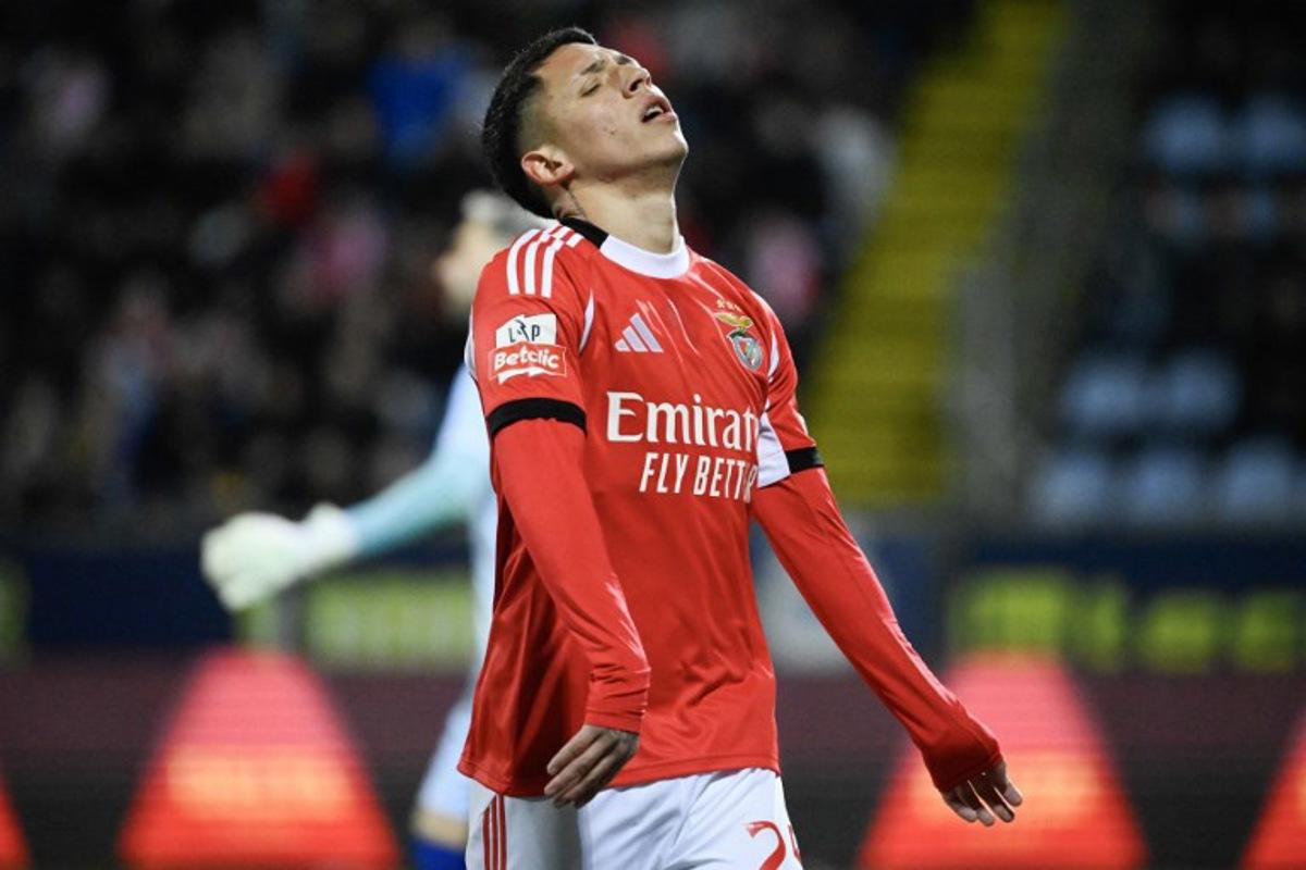 SL Benfica's Argentine forward #25 Gianluca Prestianni reacts after missing a chance to score during the Portuguese League football match between FC Arouca and SL Benfica at Municipal de Arouca stadium in Aveiro on March 14, 2026.  Miguel RIOPA / AFP