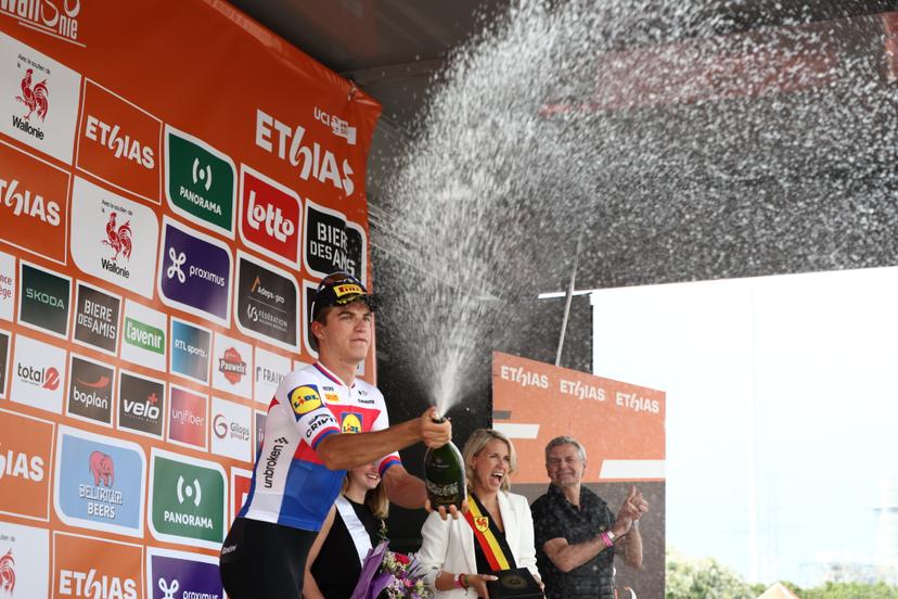 Czech Mathias Vacek of Lidl-Trek celebrates on the podium after winning the fourth stage of the Tour De Wallonie cycling race, from Welkenraedt to Seraing (163,3 km), on Tuesday 29 July 2025. BELGA PHOTO BRUNO FAHY