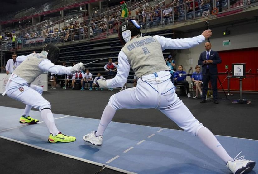 Belgium's Stef Van Campenhout (R) competes against Czech Republic's Alexander Choupenitch during the Fencing - Men's Foil Individual competition at the European Games 2023 in Krakow on June 26, 2023.   JANEK SKARZYNSKI / AFP