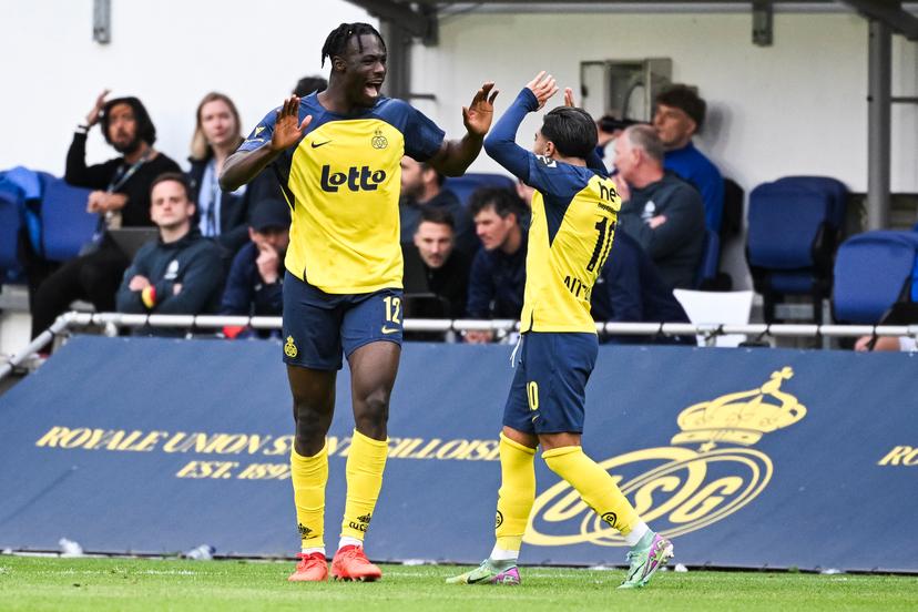 Union's Promise David celebrates after scoring during a soccer match between Royale Union Saint-Gilloise and KAA Gent, Sunday 25 May 2025 in Brussels, on day 10 (out of 10) of the Champions' Play-offs of the 2024-2025 'Jupiler Pro League' first division of the Belgian championship. BELGA PHOTO LAURIE DIEFFEMBACQ