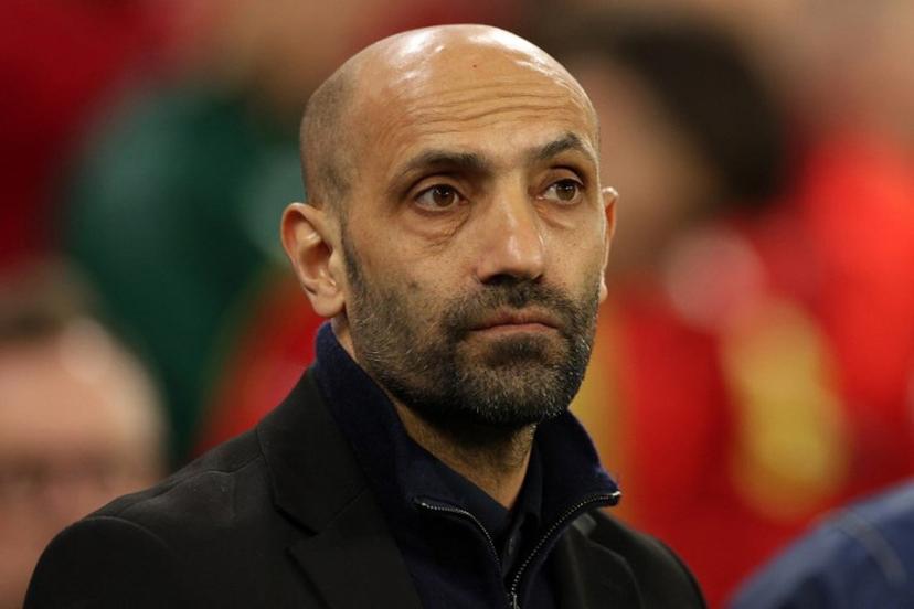 Kazakhstan's head coach Ali Aliyev react ahead of the 2026 World Cup Group J qualifier football match between Wales and Kazakhstan, at Cardiff City Stadium, in Cardiff, on March 22, 2025.   Adrian Dennis / AFP