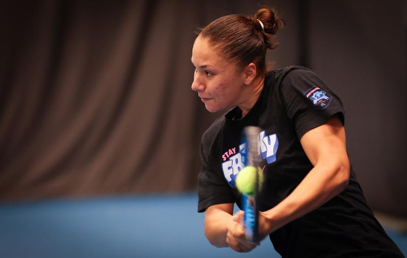 Belgian Sofia Costoulas pictured in action during a training session ahead of the meeting between Greece and Belgium, in the qualifiers of the Billie Jean King Cup tennis, in Vilnius, Lithuania on Monday 07 April 2025. PHOTO VIRGINIE LEFOUR