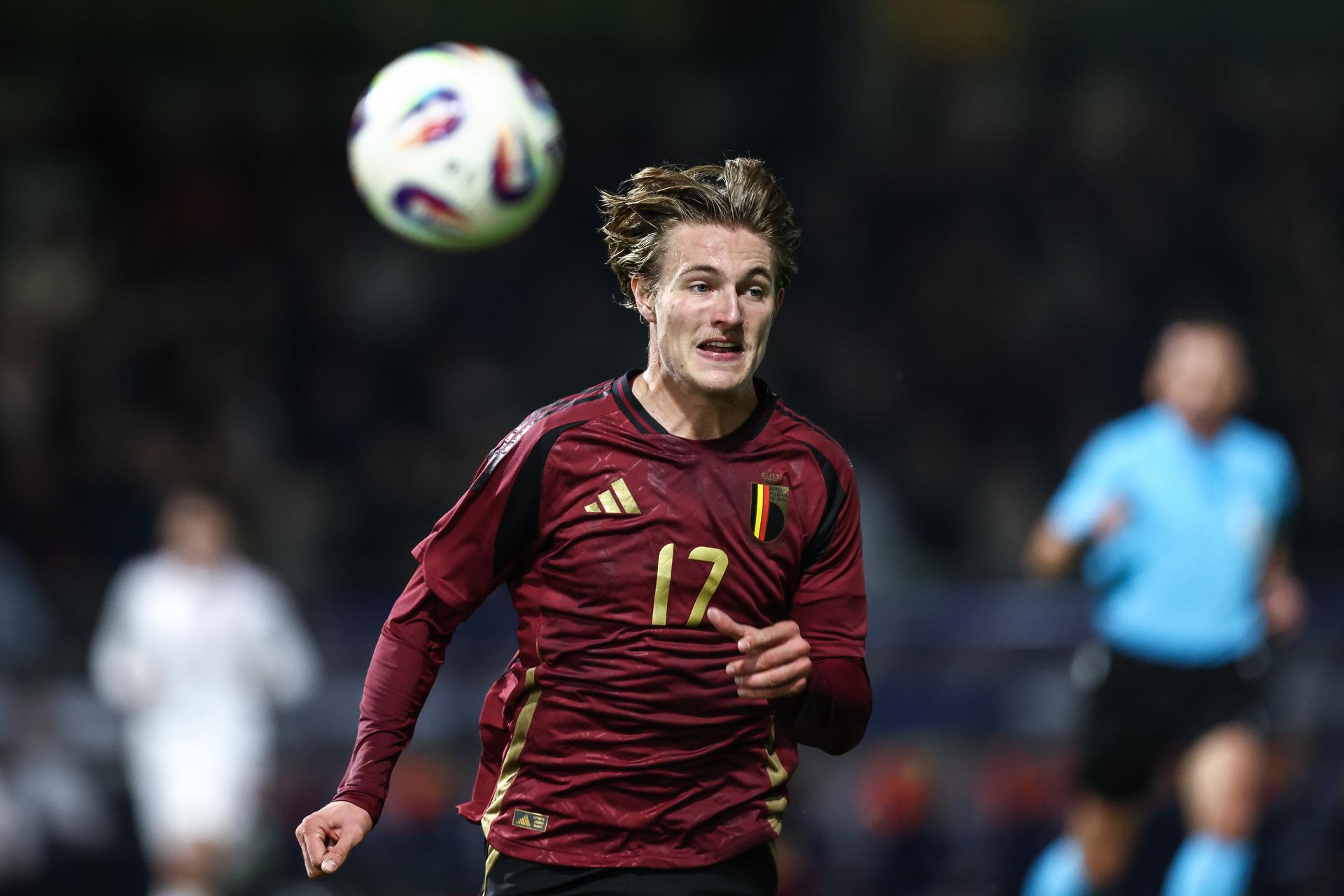 Belgium's Romeo Vermant pictured in action during a soccer game between the U21 youth team of the Belgian national team Red Devils and the U21 of Denmark, in Westerlo, on Tuesday 14 October 2025, game 3 (out of 8) of the qualifications for the 2027 UEFA European Under21 Championship. BELGA PHOTO BRUNO FAHY
