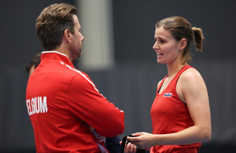 Belgian team captain Wim Fissette and Belgian Greet Minnen pictured after a tennis match between Belgian Minnen and Greek Matoula, in the qualifiers of the Billie Jean King Cup tennis, in Vilnius, Lithuania on Tuesday 08 April 2025. PHOTO VIRGINIE LEFOUR