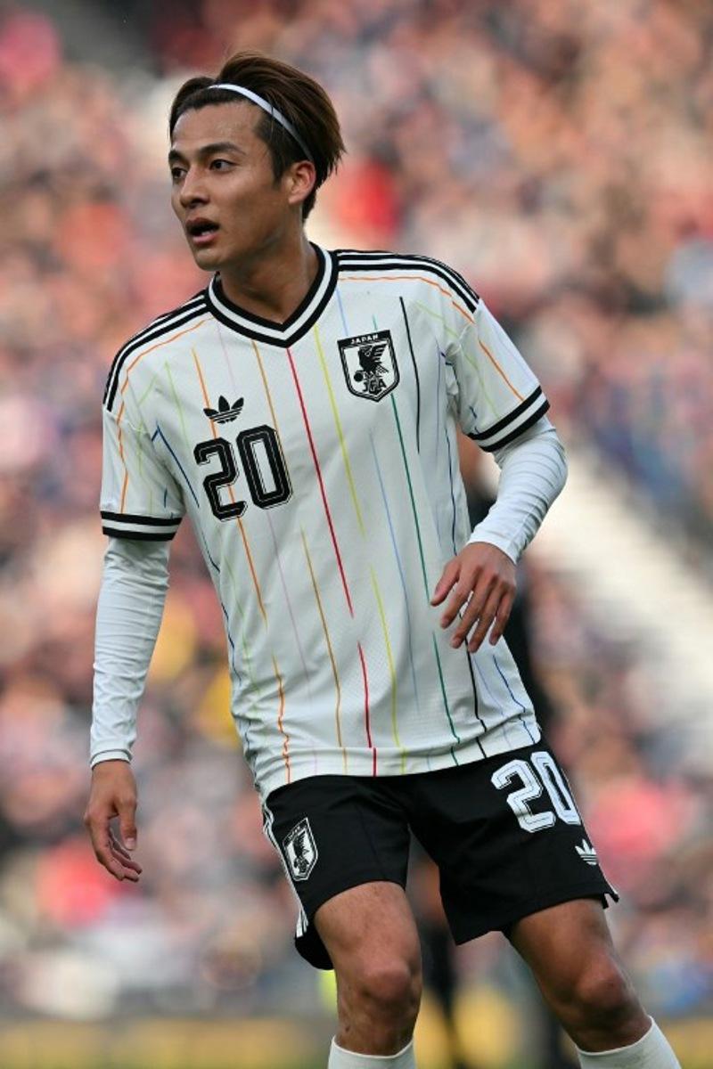Japan's midfielder Kodai Sano looks on during the friendly International football match between Scotland and Japan at Hampden Park, in Glasgow, on March 28, 2026.  ANDY BUCHANAN / AFP
