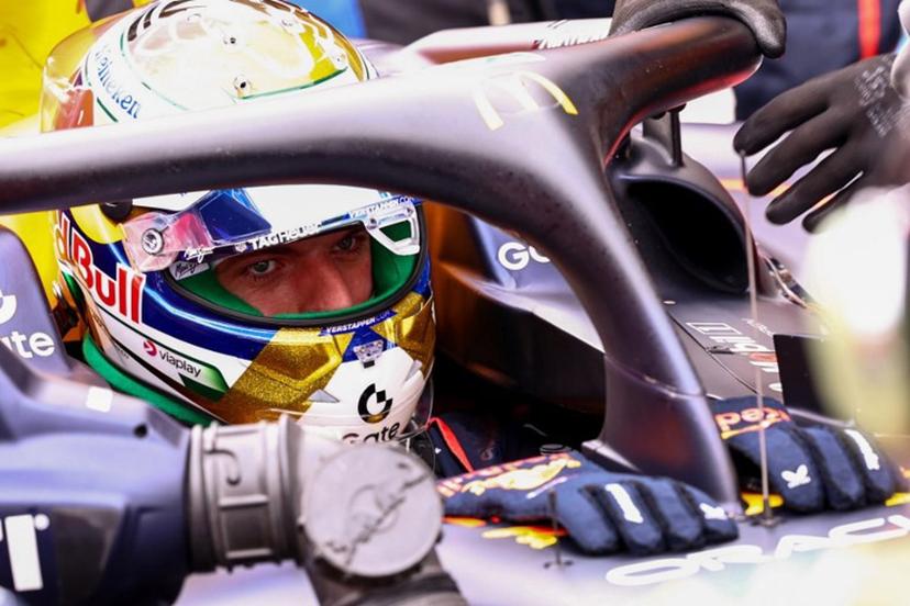 Red Bull Racing's Dutch driver Max Verstappen makes a pit stop during the sprint race of the Sao Paulo Formula One Grand Prix at the Jose Carlos Pace racetrack, aka Interlagos, in Sao Paulo, Brazil on November 8, 2025.  JEAN CARNIEL / POOL / AFP