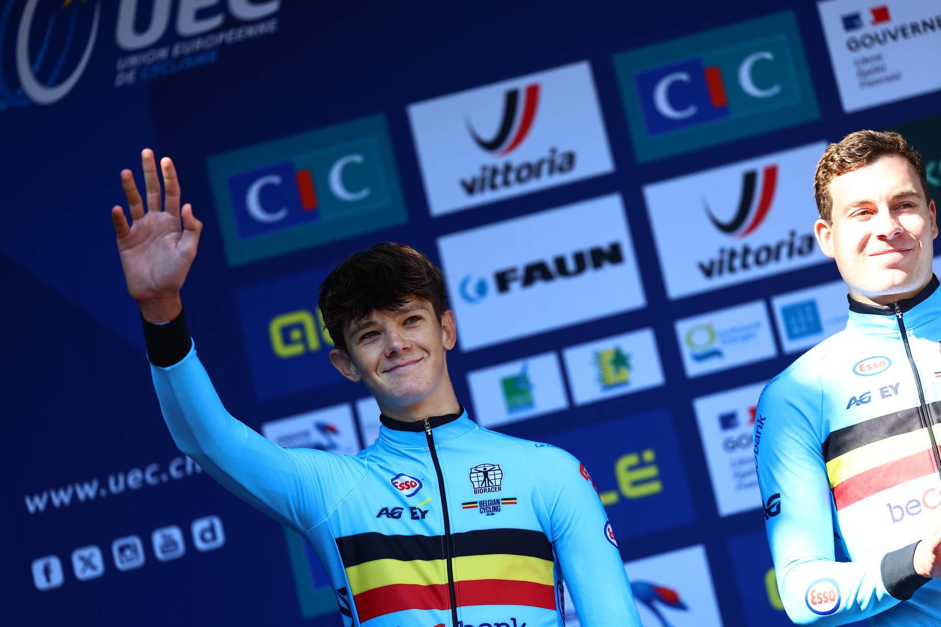 Belgian silver medallist Matisse Van Kerckhove and Belgian gold medallist Jonathan Vervenne celebrate on the podium of the 24 km time trial of the men U23 category at the UEC road European cycling championships, Wednesday 01 October 2025, in Loriol-sur-Drome, France. The European cycling championships Drome-Ardeche takes place from 1 to 5 October, France. BELGA PHOTO DAVID PINTENS
