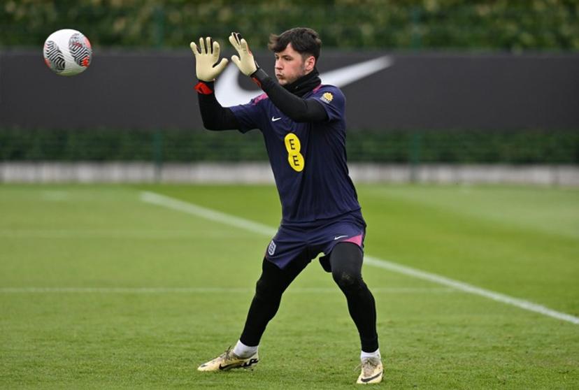 England's goalkeeper James Trafford takes part in a team training session at the Tottenham Hotspur Training Ground, in Enfield, north London on March 25, 2024, on the eve of their International friendly football match against Belgium.  Glyn KIRK / AFP