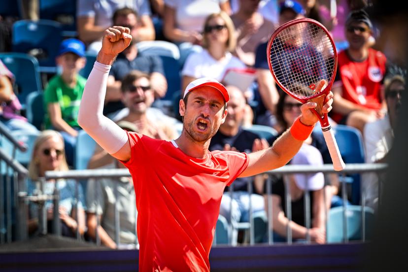 Belgian Sander Gille celebrates after scoring during a tennis match between Austrian pair Miedler/Oberleitner and Belgian pair Gille/ Vliegen, the third rubber in the tie between Austria and Belgium, qualifiers for the Davis Cup tournament, on Saturday 19 September 2026 in Vienna, Austria. BELGA PHOTO DAVID PINTENS
