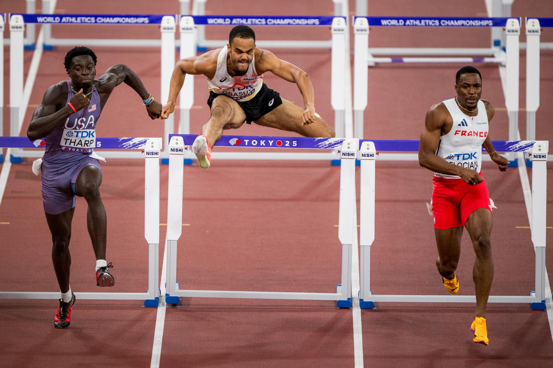 Belgian Michael Obasuyi pictured in action during the 110m Hurdles men, at the World Athletics Championships in Tokyo, Japan, on Monday 15 September 2025. The outdoor Worlds are taking place from 13 to 21 September. BELGA PHOTO JASPER JACOBS