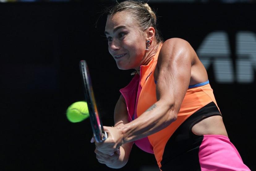 Belarus' Aryna Sabalenka hits a return against Canada's Victoria Mboko during their women's singles match on day eight of the Australian Open tennis tournament in Melbourne on January 25, 2026.  DAVID GRAY / AFP