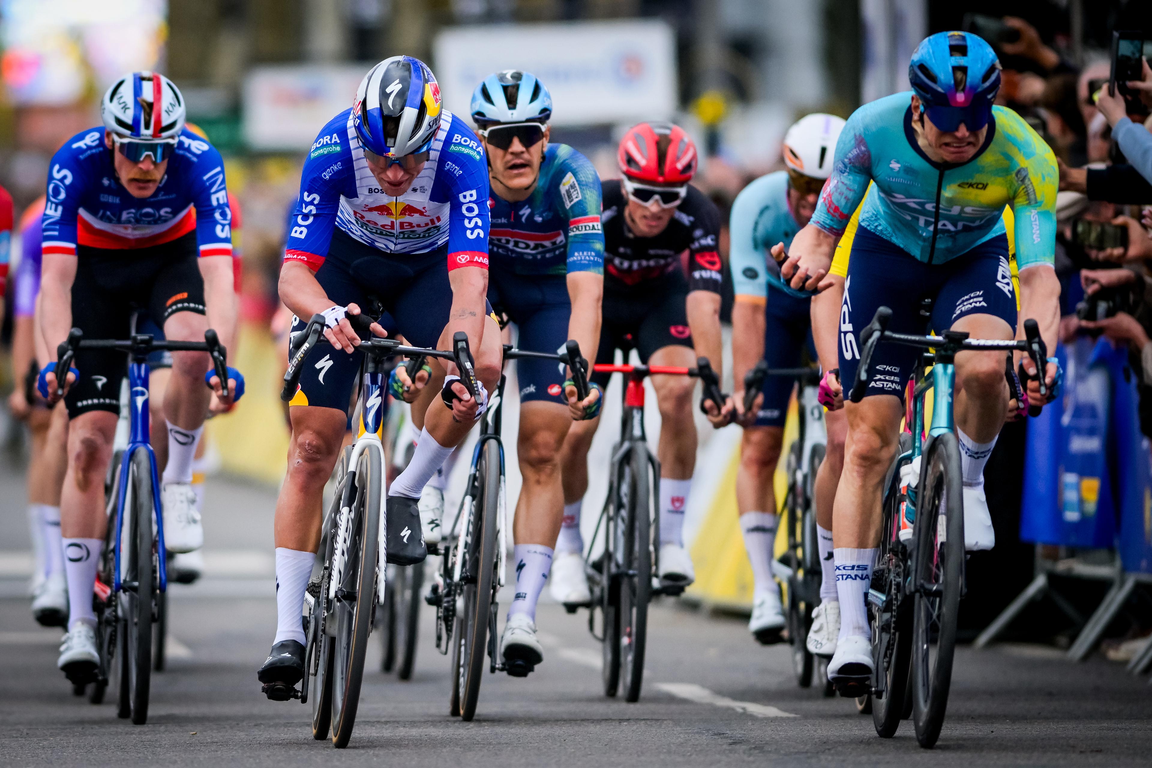 New Zealander Laurence Pithie of Red Bull-BORA-hansgrohe, Belgian Jasper Stuyven of Soudal Quick-Step and German Max Kanter of XDS Astana Team sprint to the finish of the second stage of 84th edition of the Paris-Nice cycling race, 187 km from Epone to Montargis, Monday 09 March 2026. BELGA PHOTO DAVID PINTENS