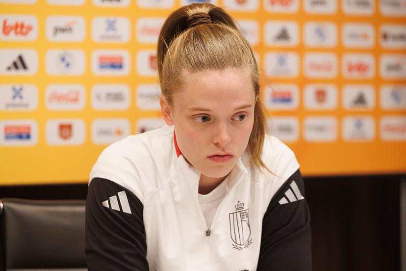Belgium's Valesca Ampoorter pictured during a press conference of Belgium's national women's soccer team the Red Flames, on Friday 10 April 2026 in Tubize. The team is preparing for a game against Scotland next week, in the qualifiers for the 2027 FIFA Women's World Cup. BELGA PHOTO NICOLAS MAETERLINCK