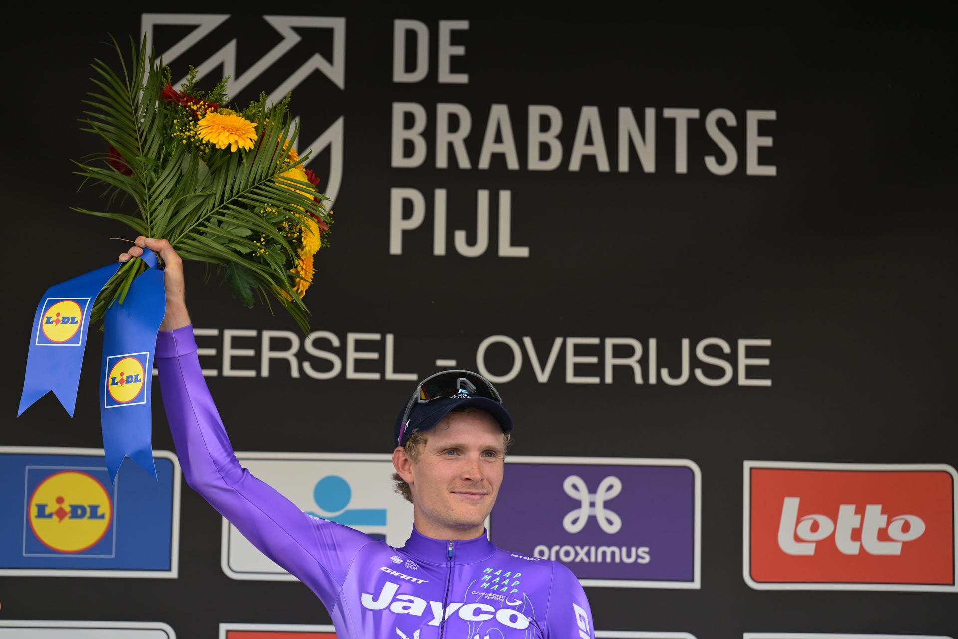 Danish Anders Foldager of Team Jayco-AIUIa celebrates on the podium after winning the men's 'Brabantse Pijl' one day cycling race, 162,6km from Huizingen, Beersel to Overijse on Friday 17 April 2026. BELGA PHOTO DAVID PINTENS