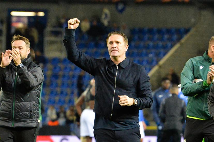 Ferencvaros head coach Robbie Keane celebrates after winning a soccer game between Belgian KRC Genk and Hungarian Ferencvarosi TC, on Thursday 02 October 2025, in Genk, in the second game (out of 8) in the league phase of the UEFA Europa League competition. BELGA PHOTO JILL DELSAUX