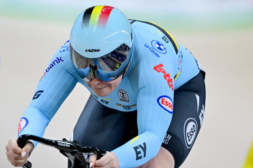 Belgian Nicky Degrendele pictured in action during the women's Keirin first round at the fifth and last day of the 2026 UEC Track Elite European Championships, in Konya, Turkey, Thursday 05 February 2026. The European Championships take place from 01 to 05 February 2026. BELGA PHOTO DIRK WAEM