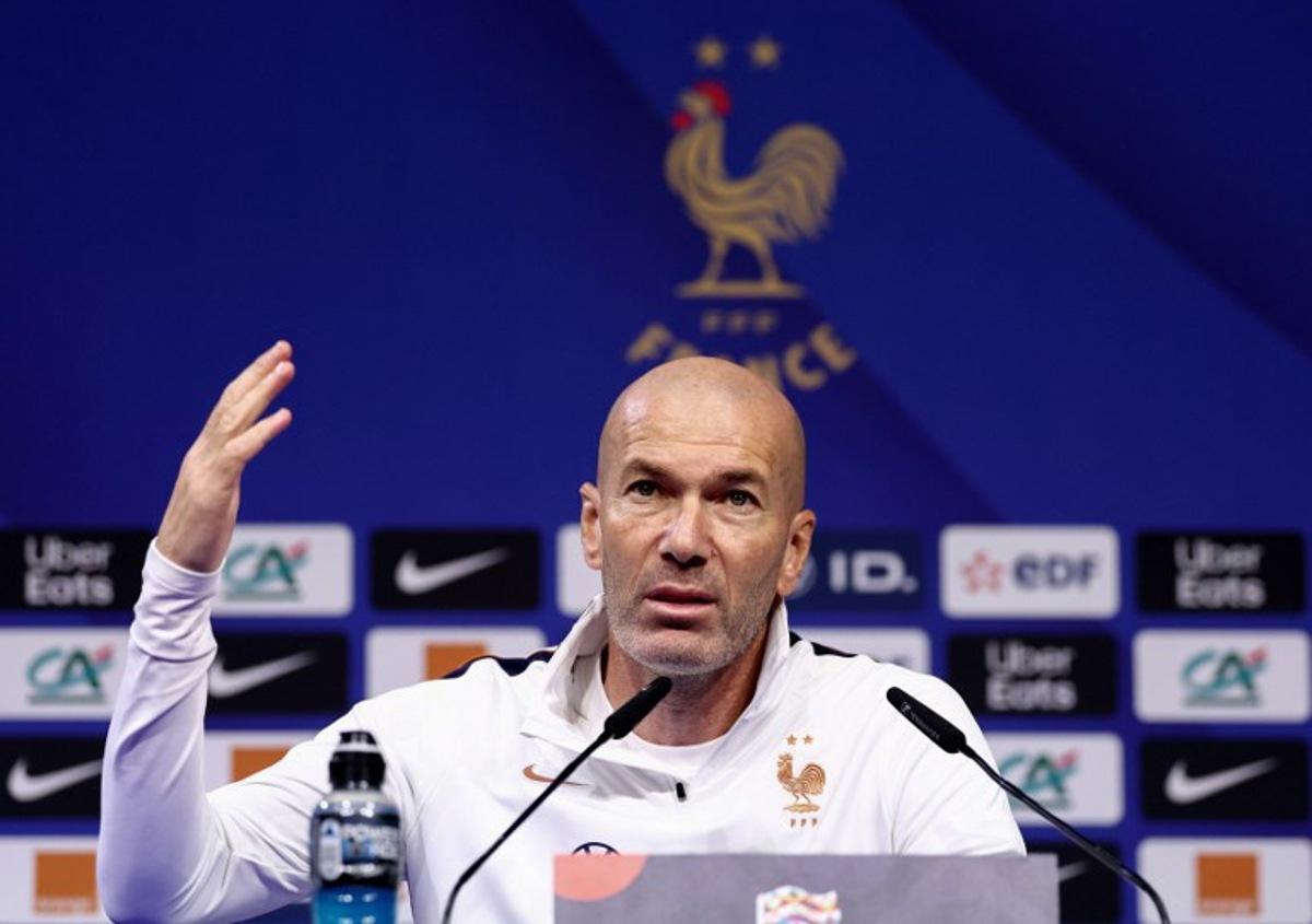 France's head coach Zinedine Zidane gestures as he addresses media during a press conference on the eve of the UEFA Nations League football match between France and Belgium at the Stade de France in Saint-Denis, near Paris, on October 4, 2026.  FRANCK FIFE / AFP