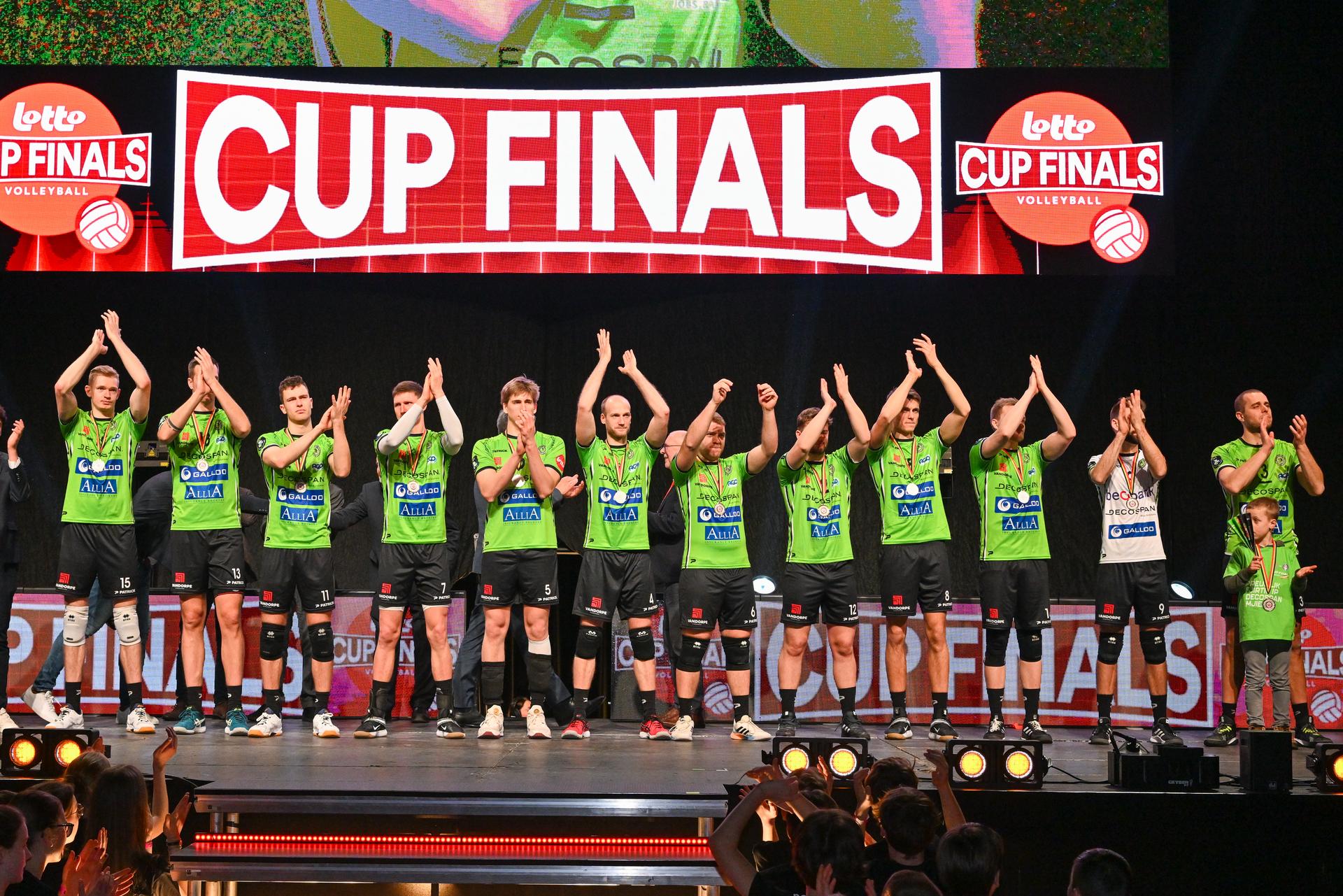 Menen's players thanking the fans after the match between Knack Volley Roeselare and Decospan Volley Team Menen, the final match in the men Belgian volleyball cup competition, Sunday 26 February 2023 in Merksem, Antwerp. BELGA PHOTO DAVID CATRY