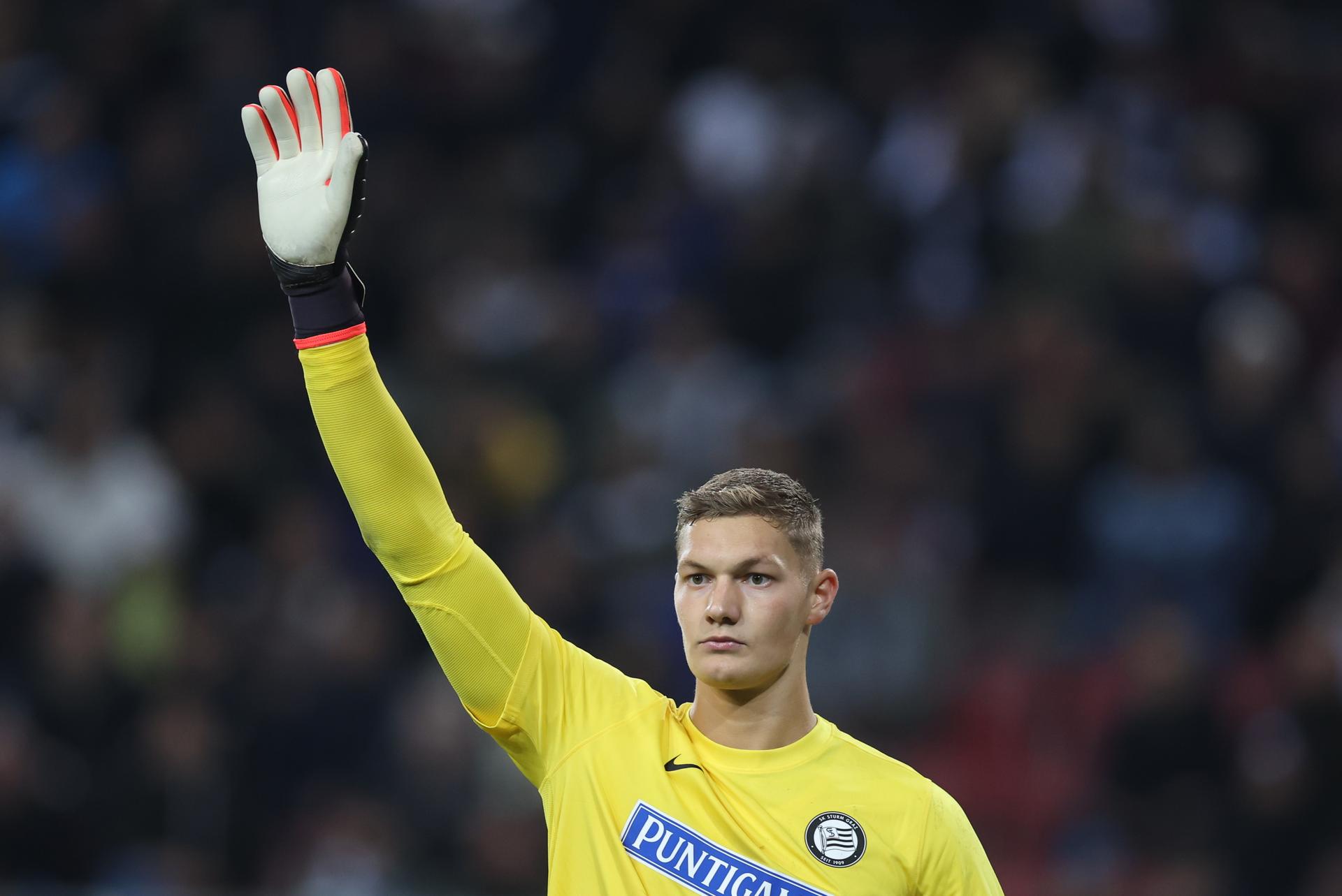 Goalkeeper of Sturm Graz Kjell Scherpen reacts during the UEFA Champions League 2024/25 League Phase MD2 match between SK Sturm Graz and Club Brugge at Worthersee Stadium in Klagenfurt, Austria on October 2, 2024. Photo: Sanjin Strukic/PIXSELL BENELUX ONLY