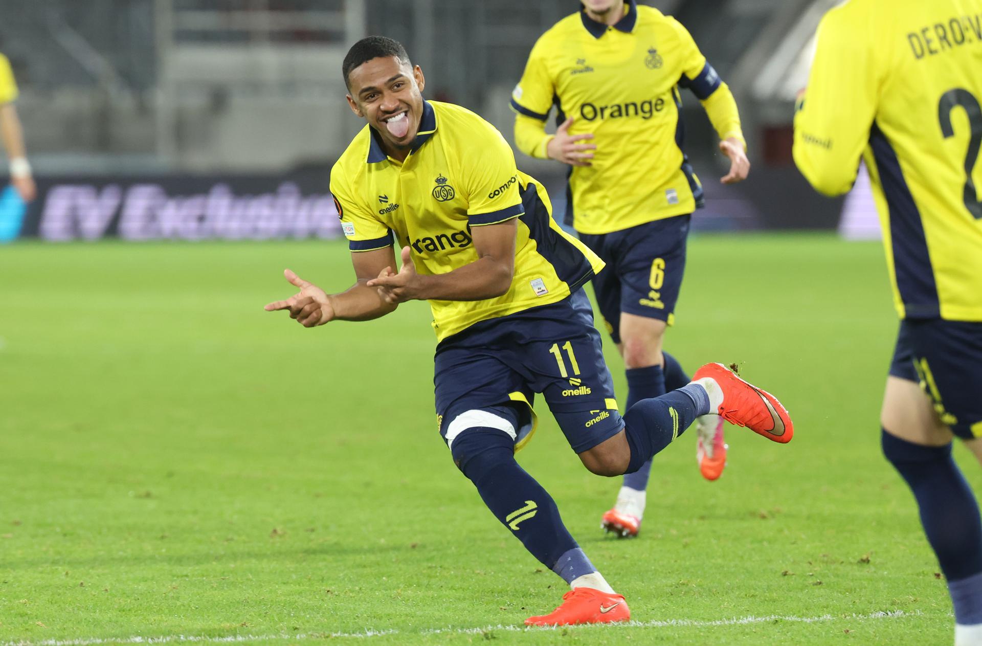 Union's Guilherme Smith celebrates after scoring during a soccer game between Belgian Royale Union Saint-Gilloise and Israeli Hapoel Be'er Sheva F.C., Thursday 22 October 2026 in Dusseldorf, Germany, on the third day of the UEFA Europa League league phase. The game was moved to Dusseldorf, as Belgian cities refused to host for security reasons. BELGA PHOTO VIRGINIE LEFOUR
