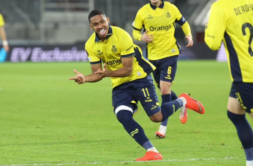 Union's Guilherme Smith celebrates after scoring during a soccer game between Belgian Royale Union Saint-Gilloise and Israeli Hapoel Be'er Sheva F.C., Thursday 22 October 2026 in Dusseldorf, Germany, on the third day of the UEFA Europa League league phase. The game was moved to Dusseldorf, as Belgian cities refused to host for security reasons. BELGA PHOTO VIRGINIE LEFOUR