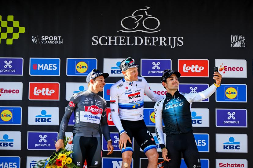 Belgian Jasper Philipsen of Alpecin-Deceuninck, Belgian Tim Merlier of Soudal Quick-Step and Italian Matteo Moschetti of Q36.5 Pro Cycling Team pictured on the podium after the men's race of the 113th edition of the 'Scheldeprijs' one day cycling event, 202,8 km from Terneuzen, the Netherlands to Schoten, Belgium on Wednesday 09 April 2025. BELGA PHOTO TOM GOYVAERTS