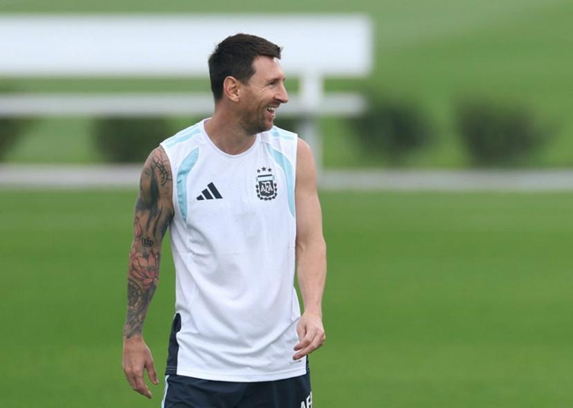 Argentina's forward #10 Lionel Messi smiles during a training session on the eve of the 2026 World Cup football tournament final match against Spain, in Morristown, New Jersey, on July 18, 2026.  PATRICIA DE MELO MOREIRA / AFP
