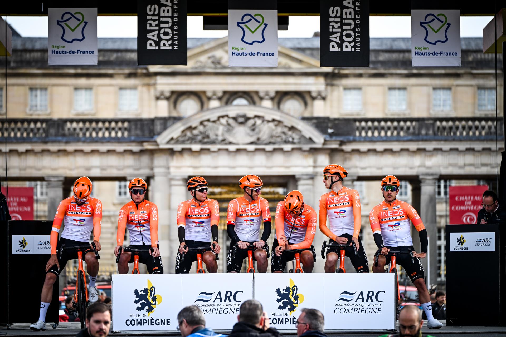 INEOS Grenadiers riders pictured at the start of the men's Paris-Roubaix cycling race, Sunday 12 April 2026, around Roubaix, France. The 123rd edition of Paris-Roubaix cycling races will take on Sunday, with the women riding 143,1 km the men riding 258,3 km on Sunday. BELGA PHOTO ELIAS ROM