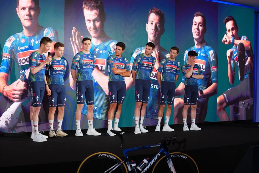 Soudal Quick-Step riders pictured during the team presentation of the Soudal Quick-Step cycling team in Calpe, Spain, Thursday 08 January 2026. BELGA PHOTO JOMA GARCIA