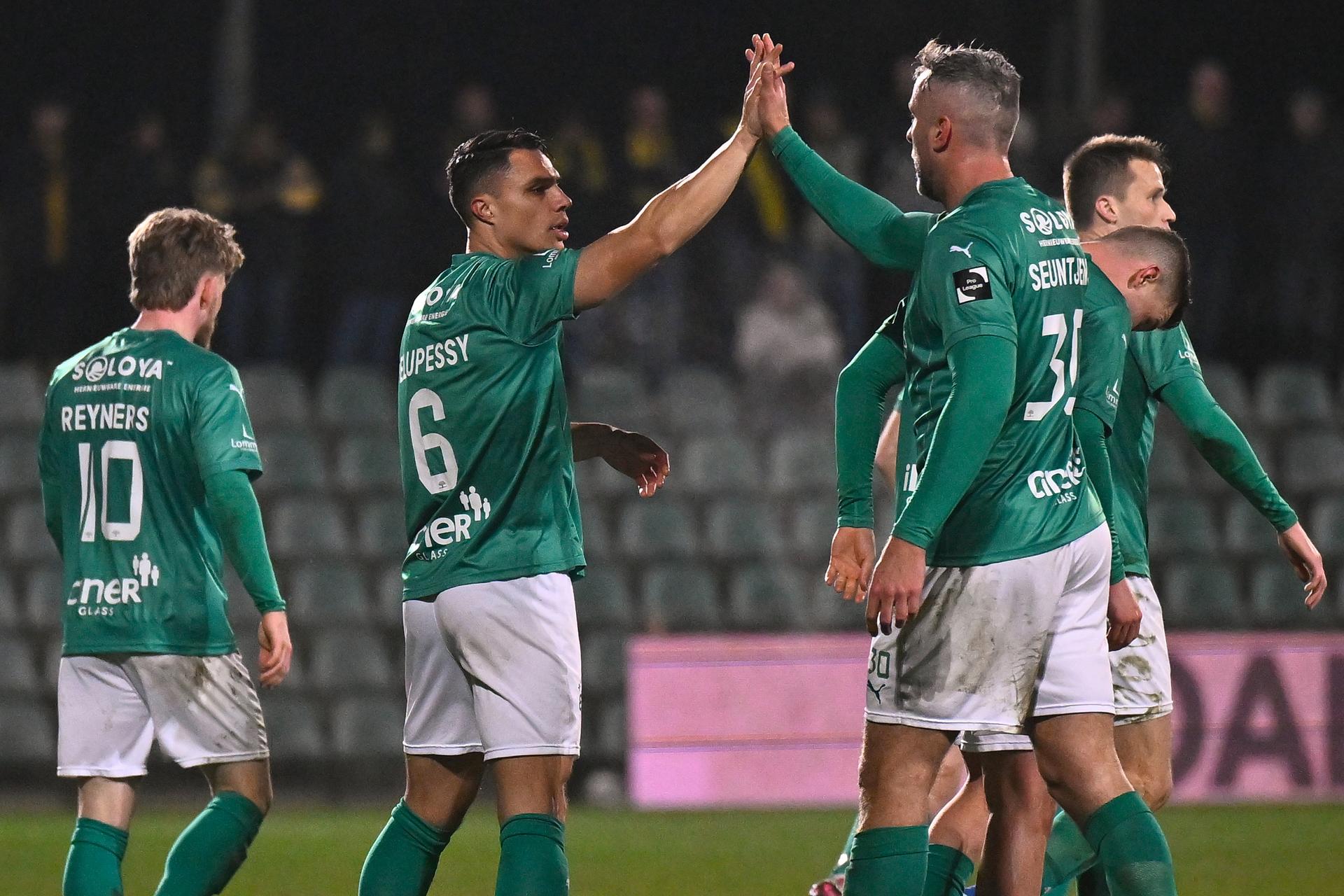 Lommel's Joey Pelupessy and Lommel's Ralf Seuntjens celebrate after scoring during a soccer game between Lommel SK and Lierse SK, Friday 19 December 2025 in Lommel, on day 19 of the 2025-2026 'Challenger Pro League' 1B second division of the Belgian championship. BELGA PHOTO JOHAN EYCKENS