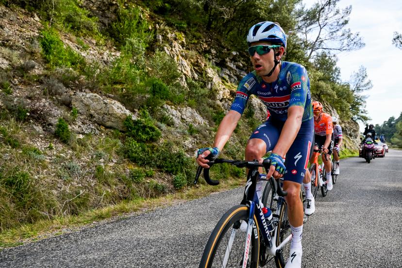 Belgian Steff Cras of Soudal Quick-Step pictured in action during the sixth stage of 84th edition of the Paris-Nice cycling race, a race from Barbentane to Apt (179,3 km), on Friday 13 March 2026. BELGA PHOTO DAVID PINTENS
