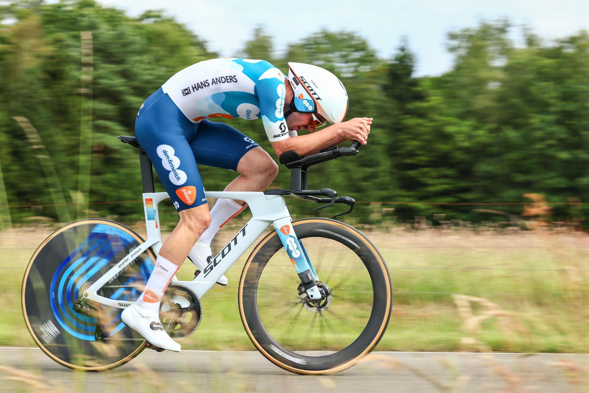 Australian Patrick Eddy of Team DSM-Firmenich PostNL pictured in action during the first stage of the Baloise Belgium Tour cycling race, an individual time trial of 12km, in Koersel, on Wednesday 12 June 2024. BELGA PHOTO DAVID PINTENS