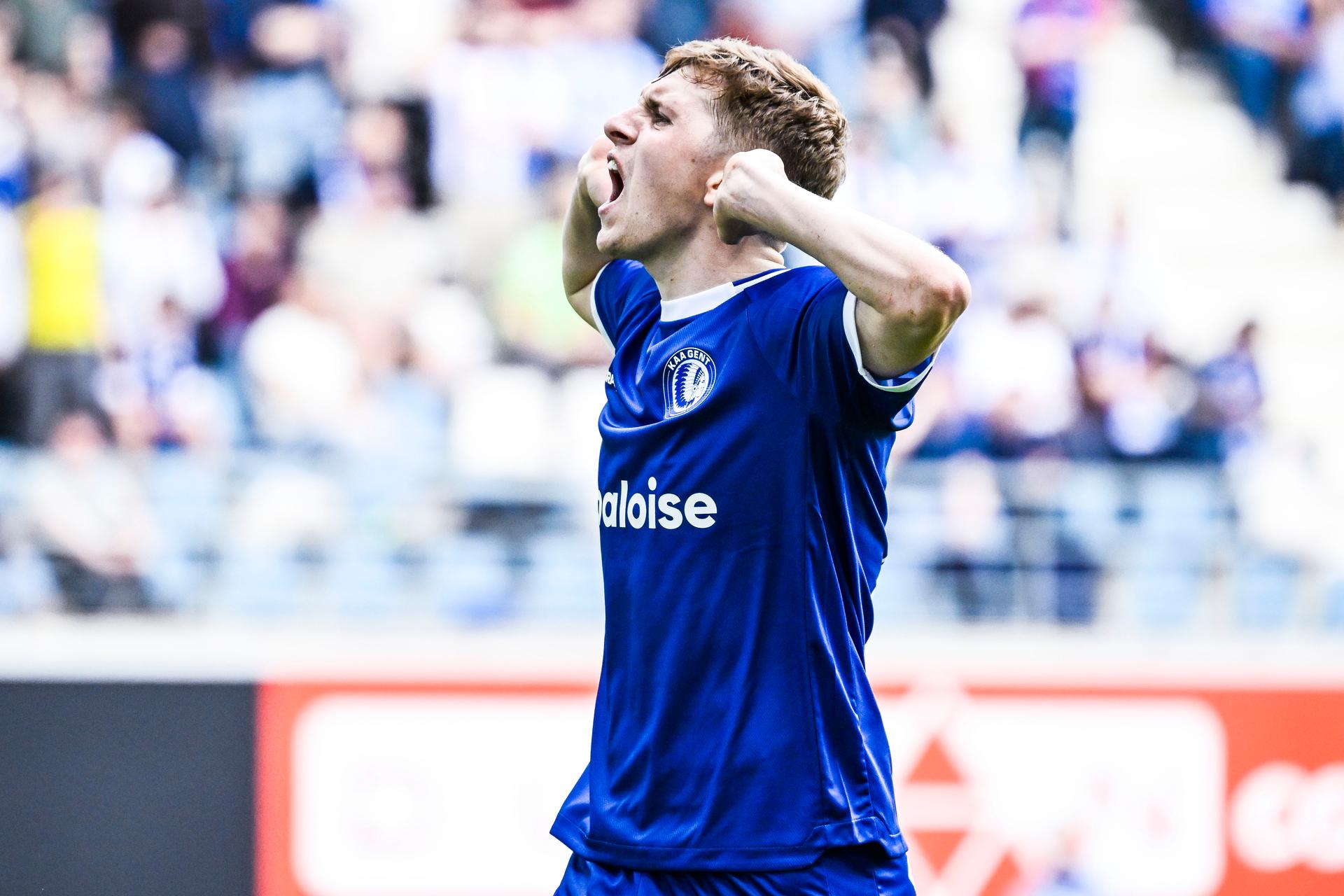 Gent's Max Dean celebrates after scoring during a soccer match between KAA Gent and Sint-Truidense V.V., Sunday 19 April 2026 in Gent, on the third day of the Champion's Play-offs (PO1) of the 2025-2026 'Jupiler Pro League' first division of the Belgian championship. BELGA PHOTO TOM GOYVAERTS