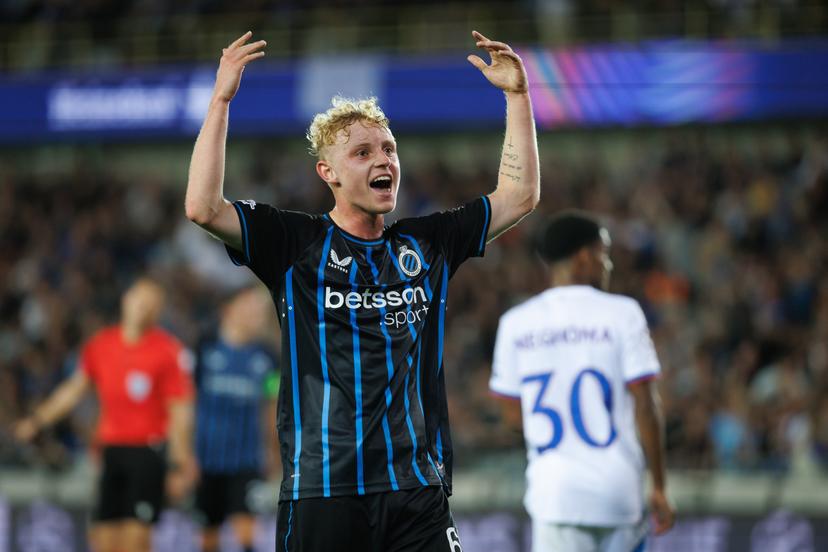 Club's Joaquin Seys celebrates after scoring during a soccer game between Belgian Club Brugge KV and Scottish Glasgow Rangers F.C., Wednesday 27 August 2025 in Brugge, the return leg of the play-offs for the Champions League tournament. Club won the first leg 1-3. BELGA PHOTO KURT DESPLENTER